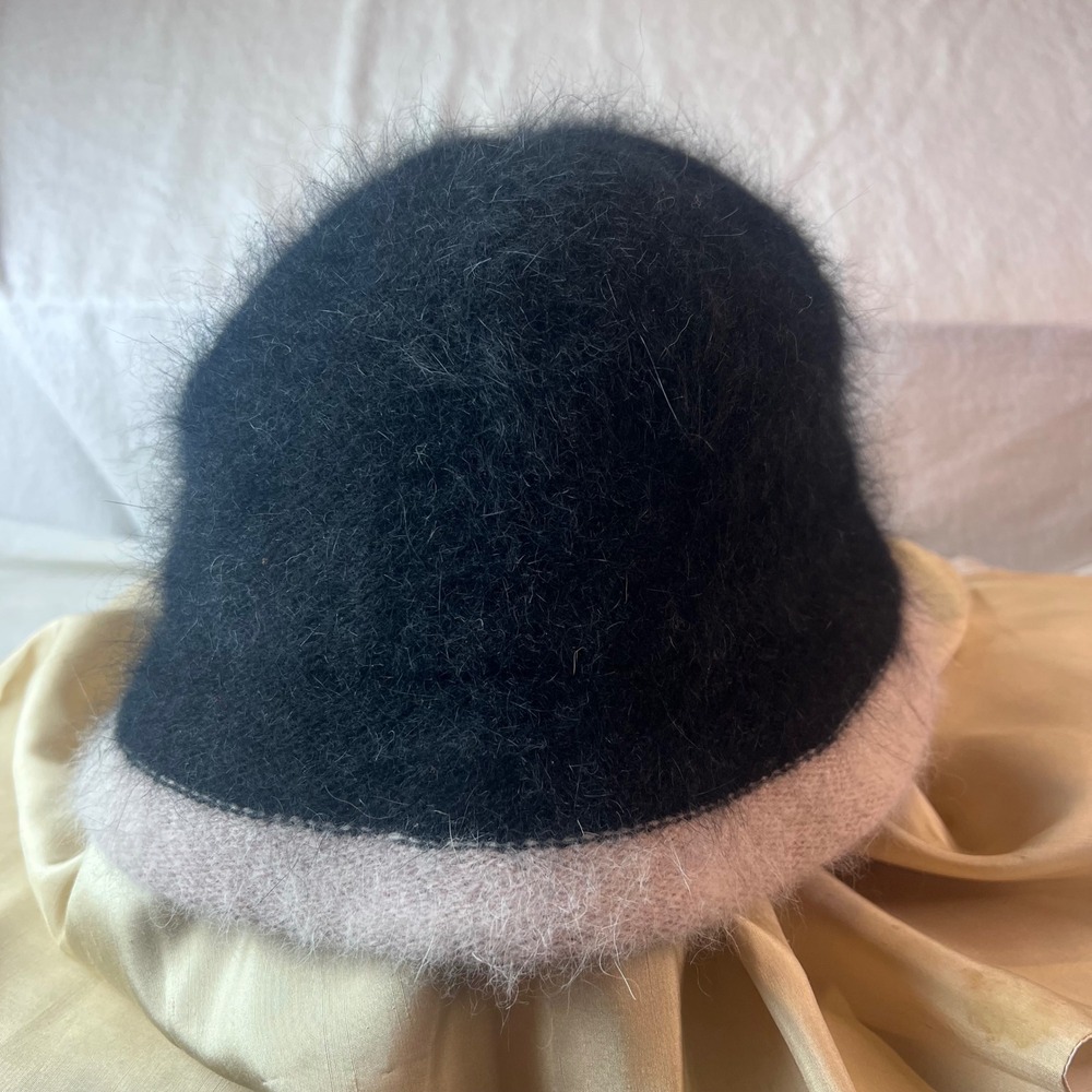Nine West Fuzzy‎ Angora Blend Bucket Hat Black Pink Colorblock Knit Cloche Hat